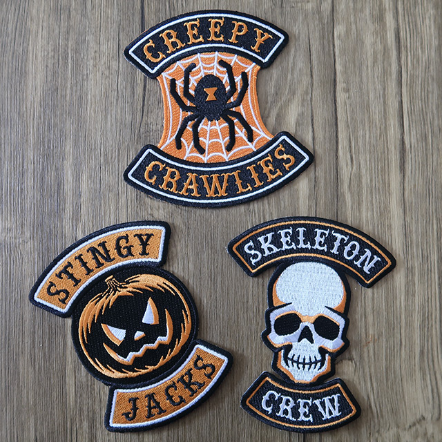 Three patches with a Halloween motorcycle club theme by Monsterologist