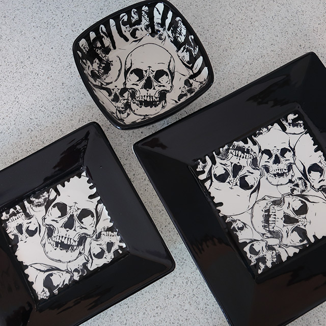 A square-shaped skull-patterned dinner set by Weird & Wonderful Ceramics