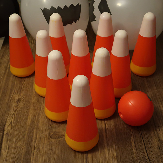 A Candy Corn style ten-Pin bowling set bought from October 31st