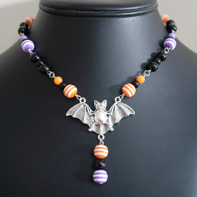 Halloween Striped Bat Necklace & Earrings Set (Orange/Purple)