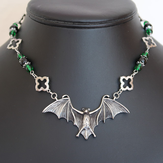 Bat Necklace & Earrings Set (Black Onyx, Green Glass)