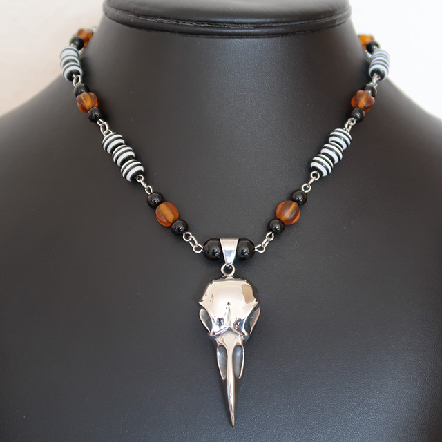 Bird/Raven Skull Necklace & Earrings Set (Black Onyx, Striped Resin, Pumpkin Glass)